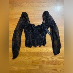 Fashion Nova Black Bustier Blouse with Sheer Lace Sleeves